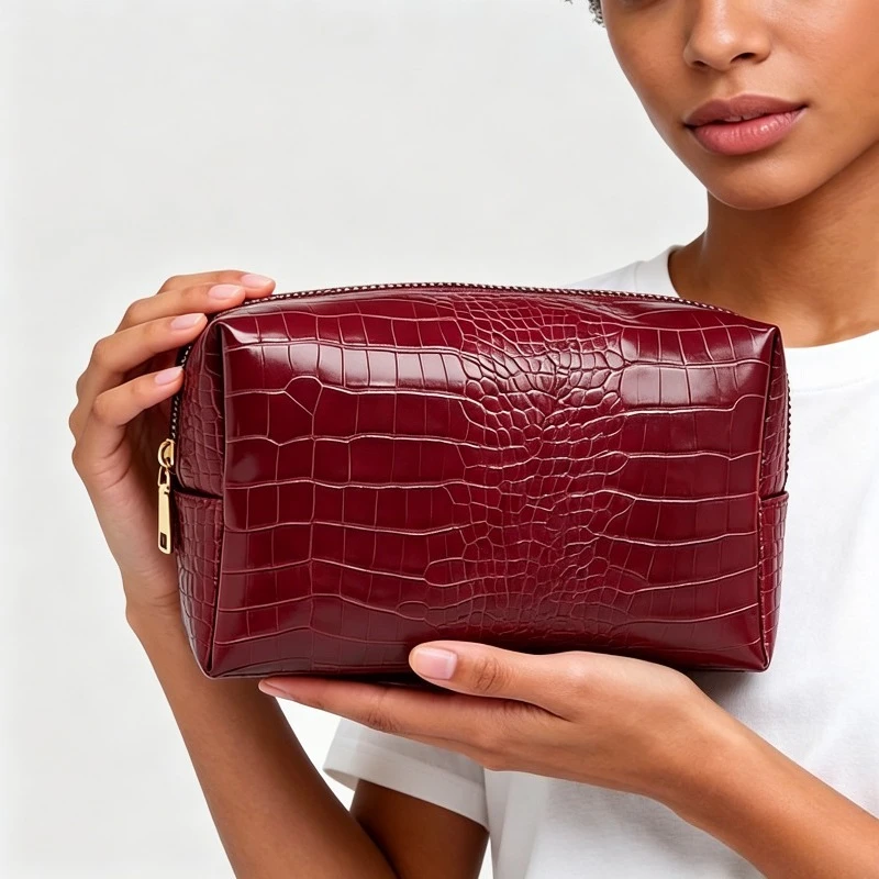 Crocodile Embossed PU Makeup Bag for Women Waterproof Structured Cosmetic Pouch Premium Non-Collapsible Storage Organizer