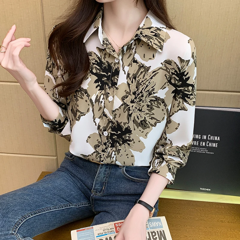 Women Spring Fashion Temperament Loose Printing Polo-Neck Long Sleeve Shirts Women Clothes Casual All-match Appear Thin Tops