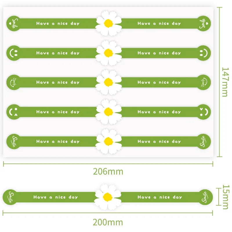 100개/세트 롱 스트립 그린 플라워 베이킹 스티커 베이킹 포장용 감사합니다 스티커 수제 선물 봉투