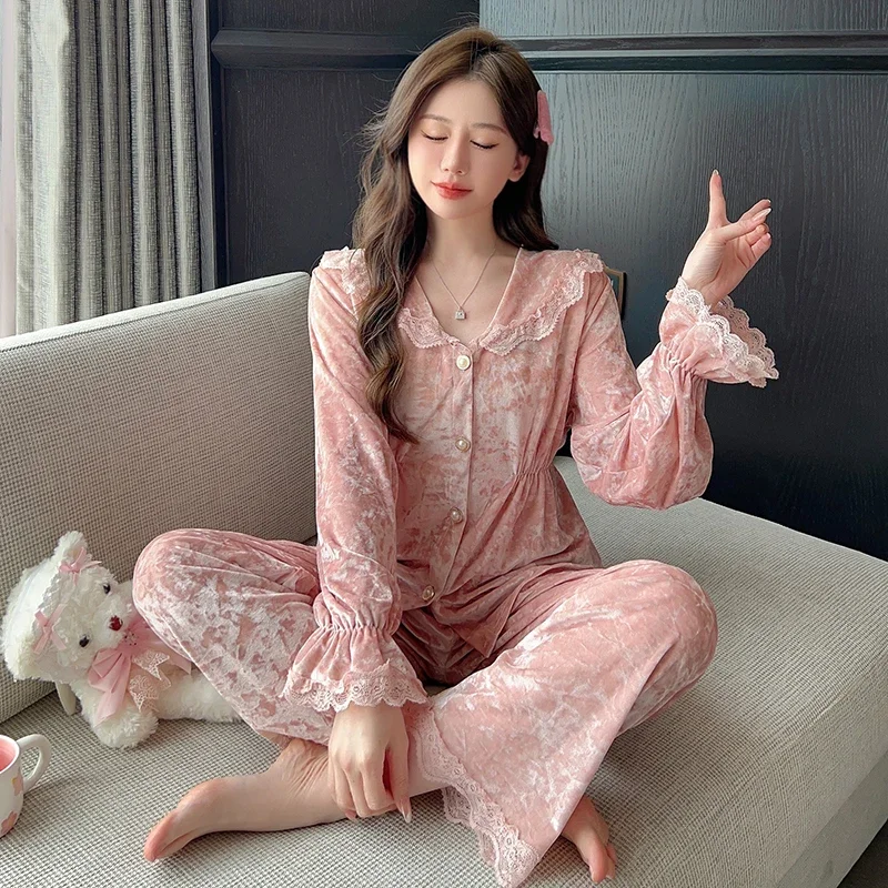 Autumn winter Long Sleeve Pajamas for Women Golden Velvet pyjamas set women\'s Lace V-Neck Cardigan Loungewear for Christmas Gift