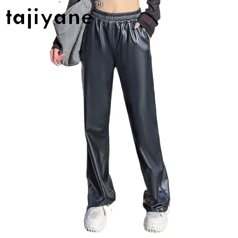 TAJIYANE Top Layer Cowhide Genuine Leather Pants Black Straight Trousers for Woman Wide Leg Pants Woman Long Pantalones 101cm 바지