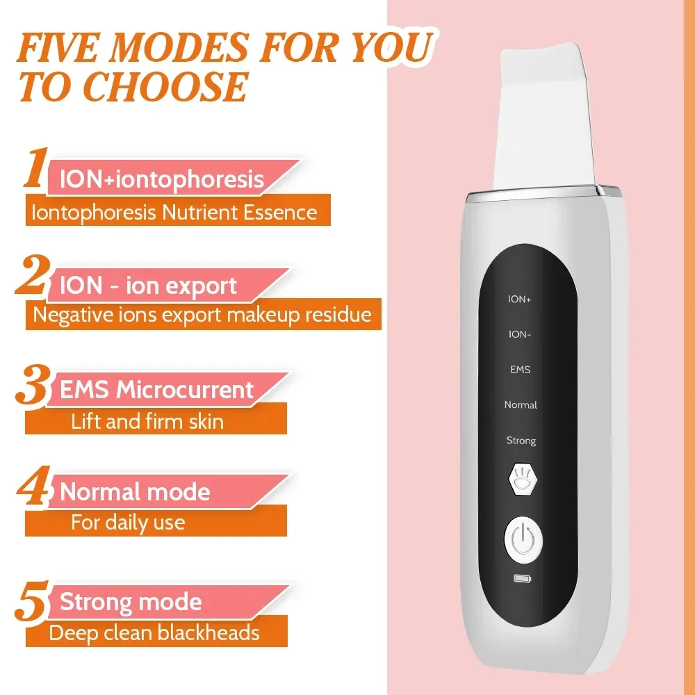 5-in-1 Ultrasonic Facial Scrubber, EMS Microcurrent & Red Blue LED Light, Rechargeable Pore Cleansing Tool