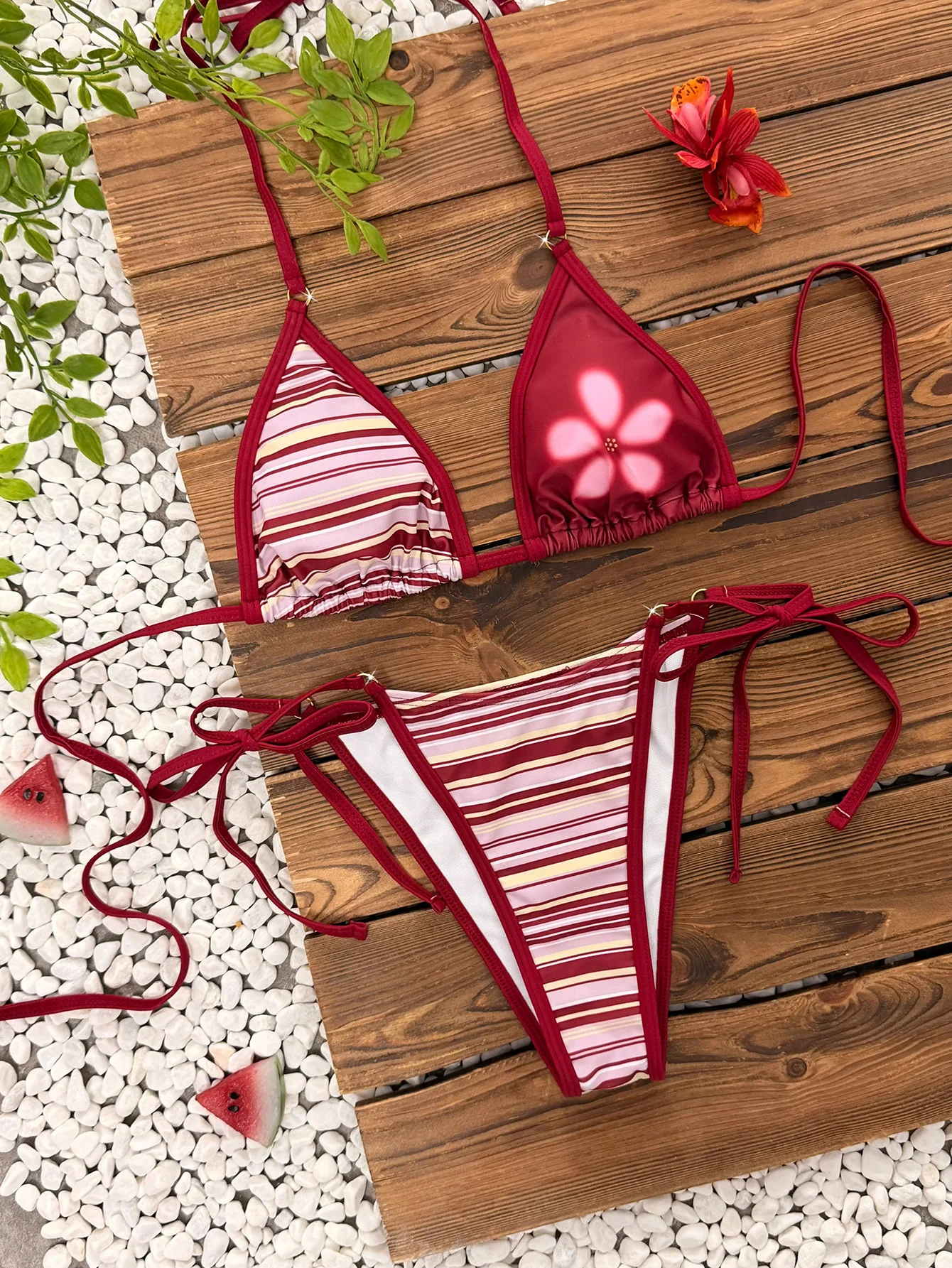 sexy dark red flower striped print bikinis sets two pieces thong ring swimsuits bathing suit swimwear biquini tankini trikini