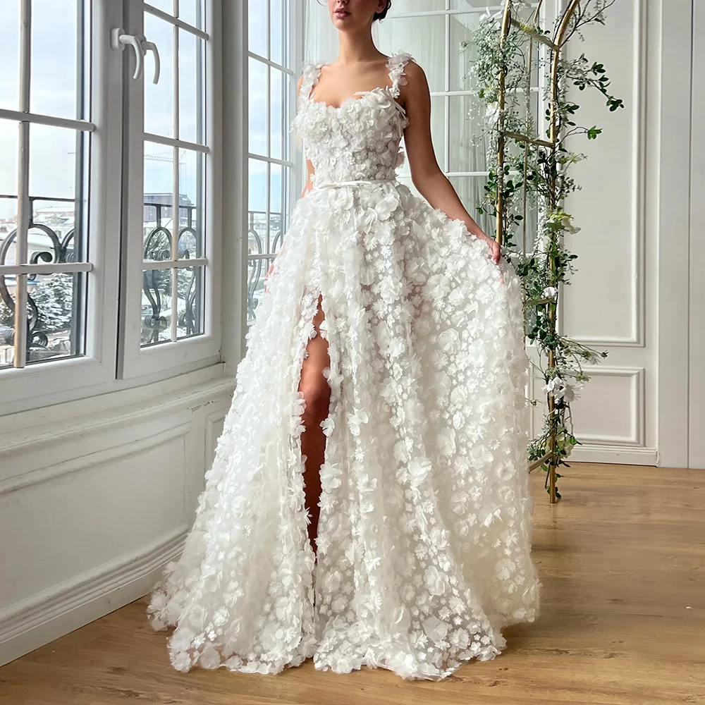 Robe de soirée de mariage trapèze, personnalisée, col en v, dos nu, fente haute sur le devant, fleurs 3D, avec des Appliques en dentelle, sans manches, longue robe de soirée