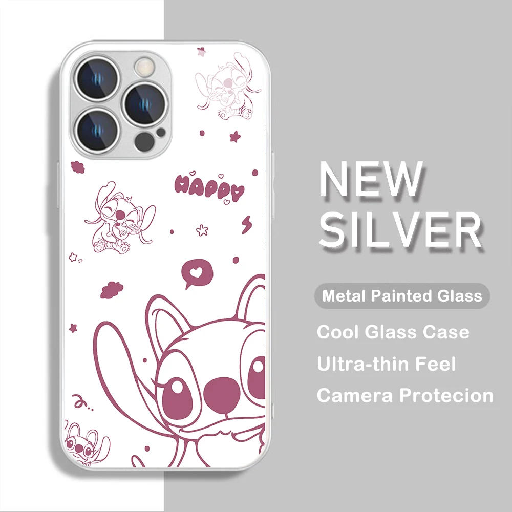 Disneys Pink Stitch Metallic-Color Phone Case For iPhone X XR XS 16 15 14 13 12 Mini 11 Pro Max 7 8 SE 20 Plus Glass Hard Cover image 2