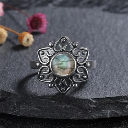 Natural Labradorite Ring Silver Jewelry Ring for Women Men Sun Shape Vintage Finger Ring Party Luxury Gift