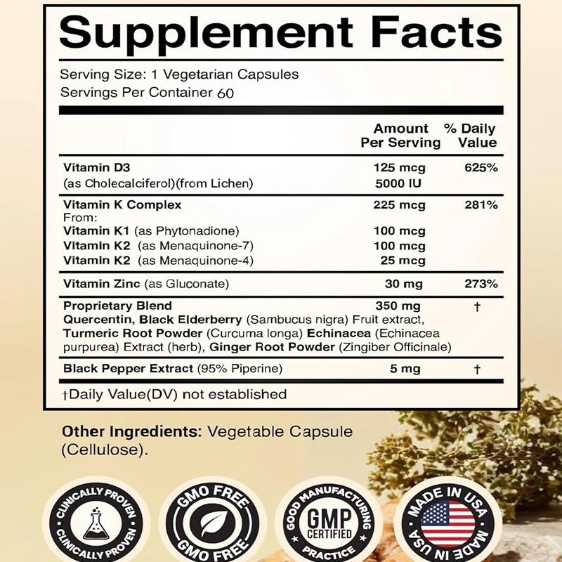 Vitamin D, K2, K1, Zinc, Quercetin, Elderberry, Turmeric, Ginger, and Echinacea Whole Food Supplements 8-in-1-60 Capsules