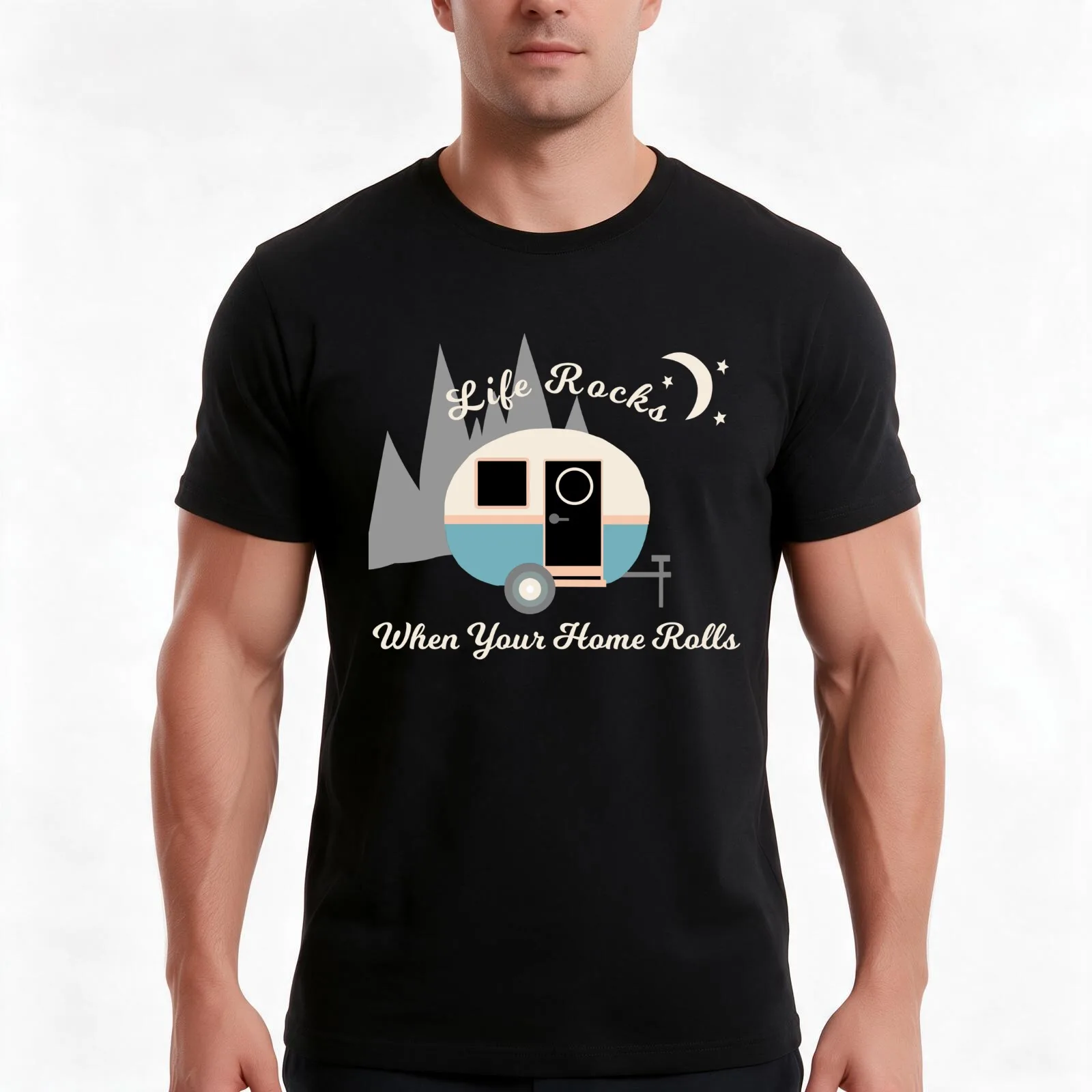 Life Rocks Caravan Camper Home T-Shirt, Summer Casual Cotton Tee, Oversized Streetwear Tops, Vintage Graphic Print, 100% Cotton