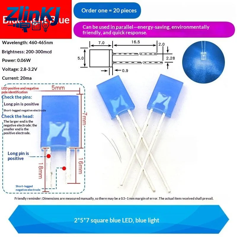 20Pcs 2x5x7mm Square LED Diode, Multi Color Long Pin Light Emitting Diode, For Electronic Circuit DIY Experiment Project