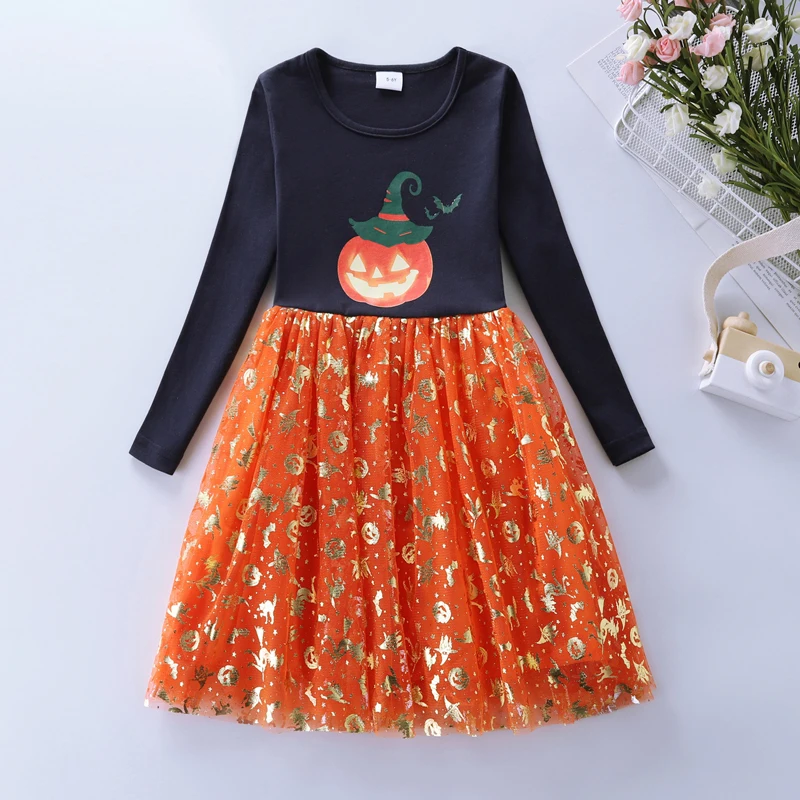 Girls Halloween A-line Princess Dress Long Sleeve Crewneck Pumpkin Print Tulle Patchwork Dress