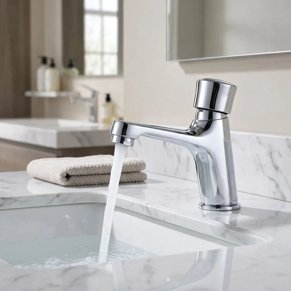 Modern Simple Copper Wall Mount Basin Faucet with Press Type Delay Function Electroplated Silver Finish 16.5x12x6cm