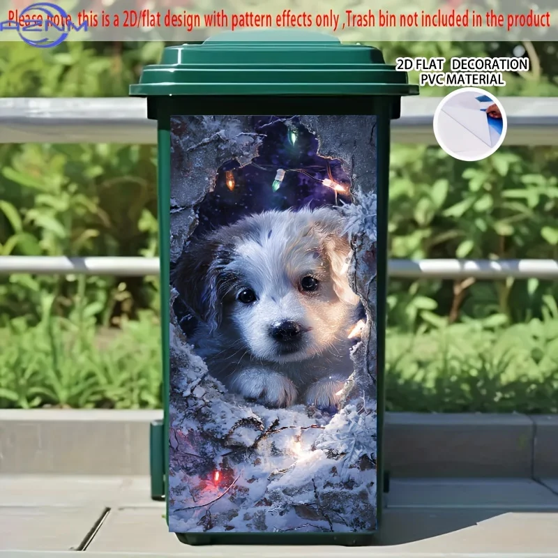 Extra Large Self-Adhesive PVC Bin Stickers - Cute Welsh Terrier Puppy Peeking from Trash Can Design, Glossy Removable Wallpape