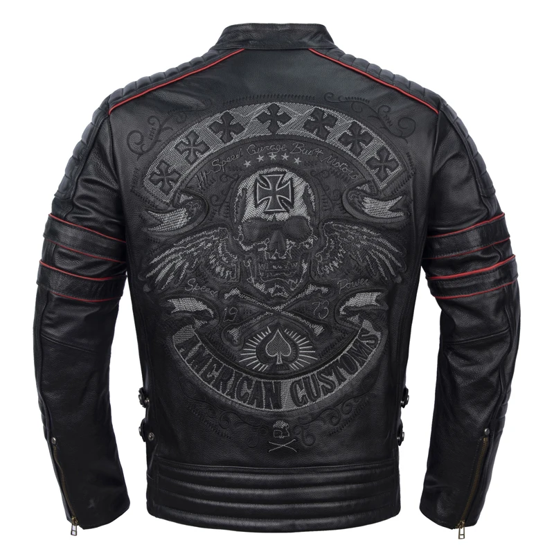 

New Men's Genuine Leather Motorcycle Jaet Heavy Embroidery Skull Design Pure Leather Riding Coat Slim Fit Casual Spring Out...