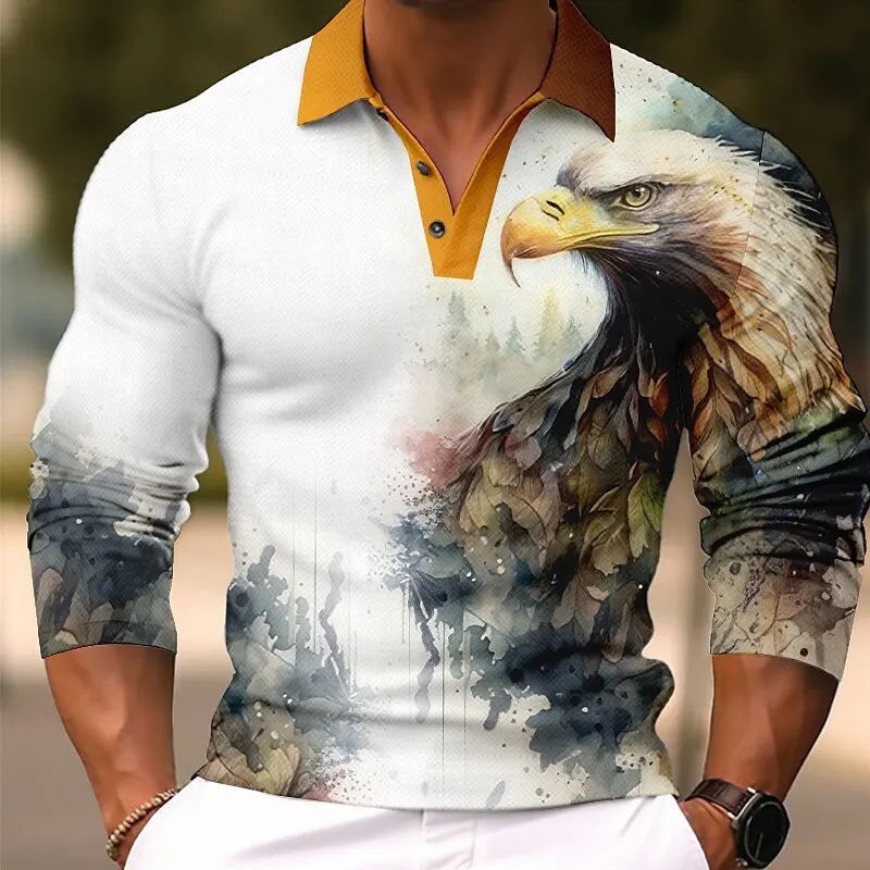

Men's Eagle Long Sleeve Polo Shirt Lapel Sports Leisure Outdoor Office Daily Wear Button Spring Autumn Winter