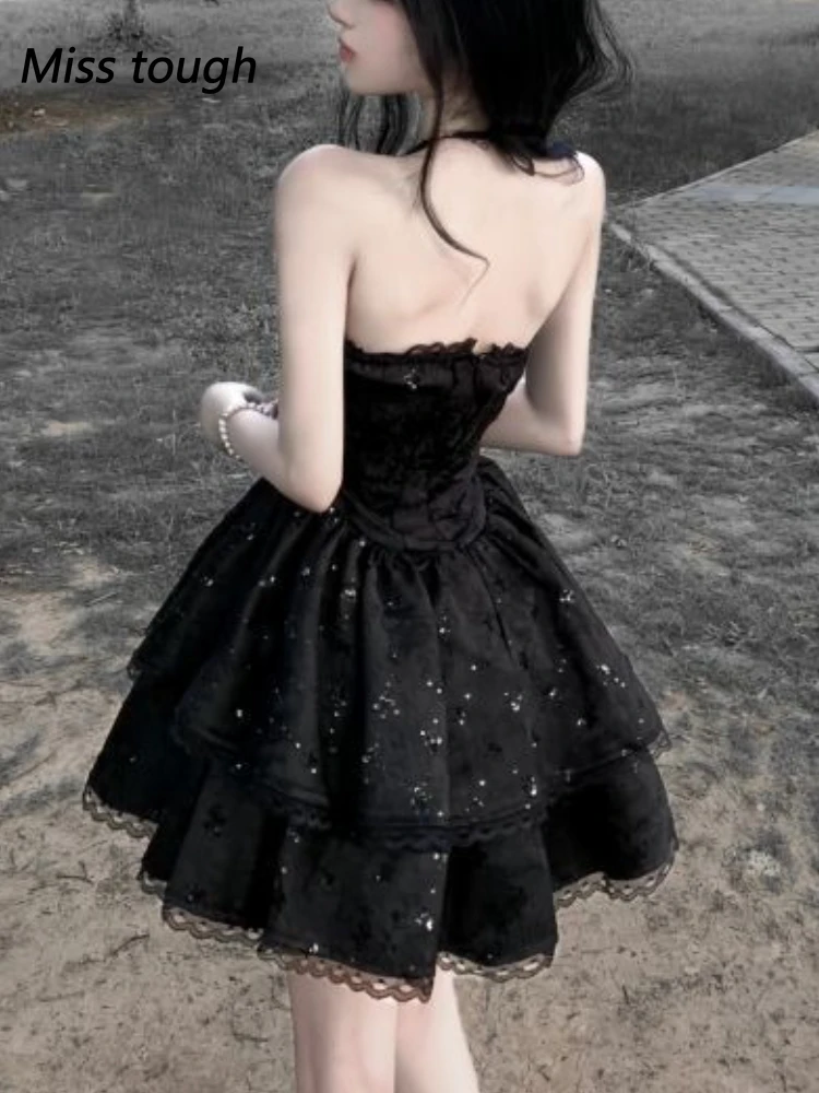 Mulheres sem alças vestido preto verão estilo gótico em camadas saia de malha fino ajuste elegante estrela bordado festa mini roupas estéticas