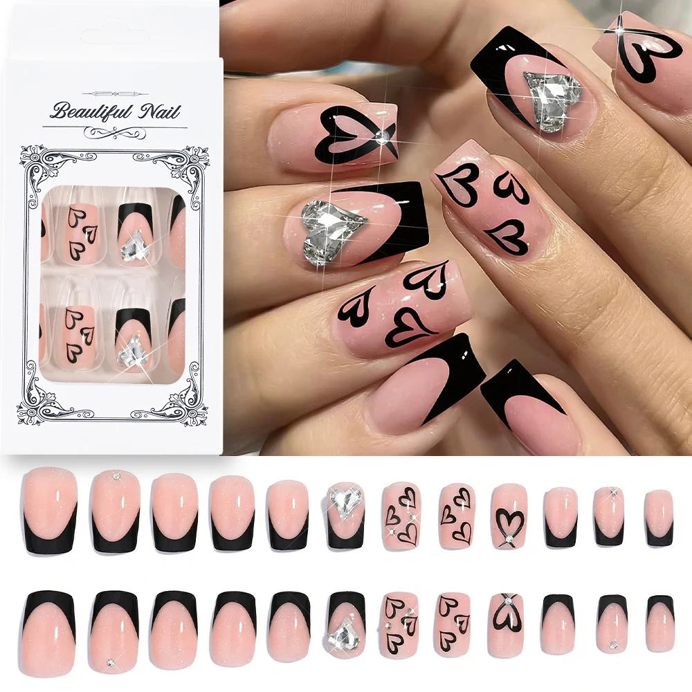 24Pcs Short Square French Fake Nails with Heart Rhinestone Nude Pink Black French Press on Nails Valentine's Day False Nail Tips