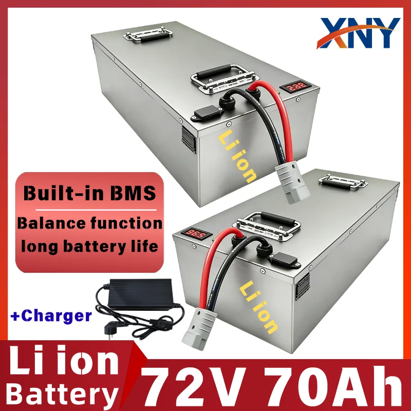 72V 70Ah Lithium Ion Battery for Electric Scooter Tricycle Forklift with 100A BMS 6000W 7200W Bicycle - Includes +10A Charger