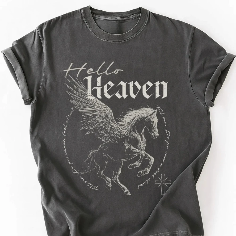Hello Heaven Shirt Vintage Gothic Tee Comfort Unisex Garment-Dyed T-shirt Pegasus Shirt