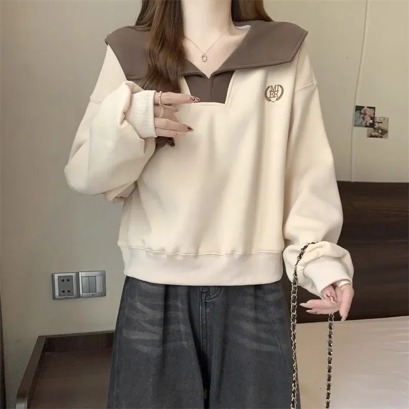 เสื้อสเวตเชิ้ตแขนยาวคอปกตุ๊กตาตัดสี ไซส์ใหญ่ สไตล์หลวม ปิดบังหุ่น สำหรับผู้หญิง ฤดูใบไม้ผลิและฤดูใบไม้ร่วง รุ่นใหม่