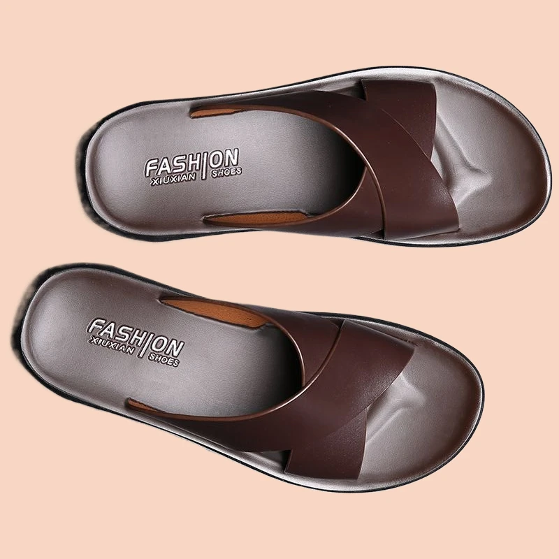 

Men's Slide Sandals Slippers for Men Cross-strap Flat Leather Beach Shoes Ltalian Style Mens Slipper Quality Bathroom