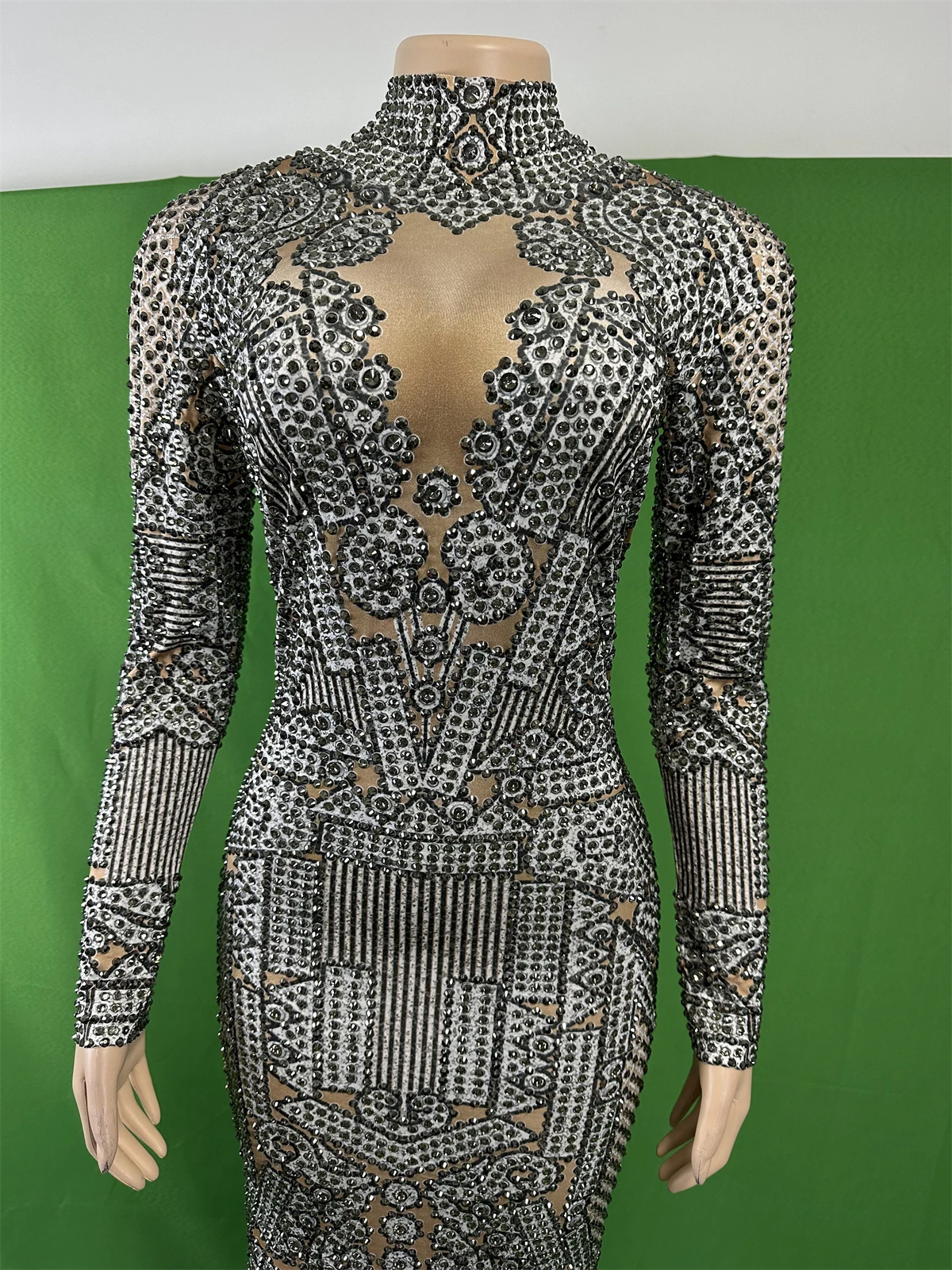 Feminino completo strass aniversário rainha luxo cristais brilhantes estiramento elastano vestido de perfuração quente sessão de fotos adereços