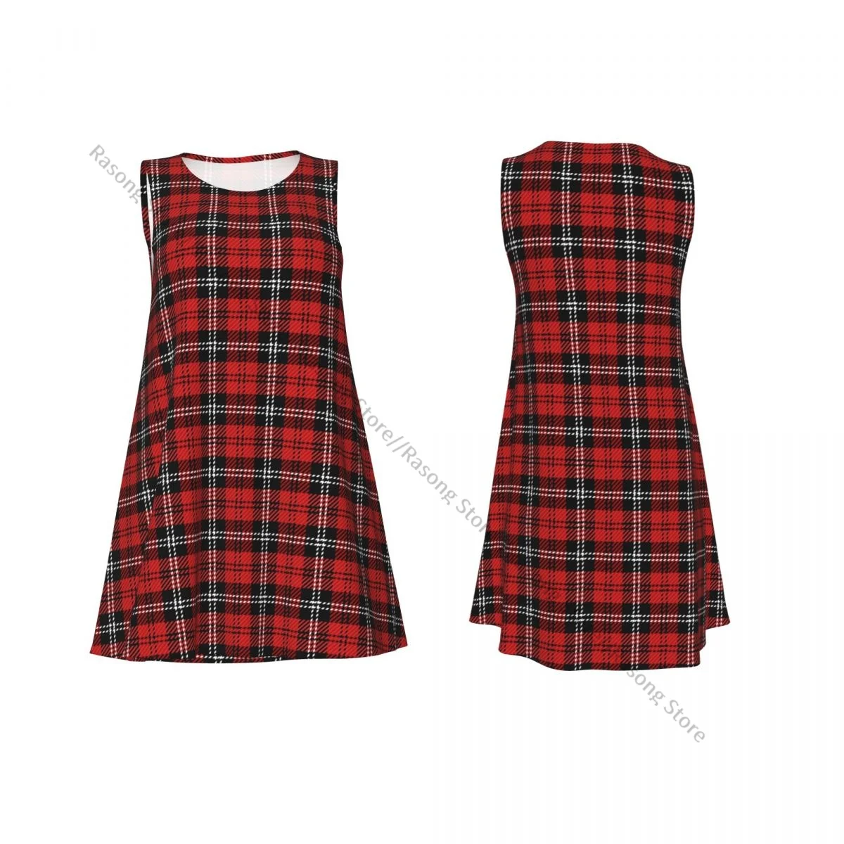 Women's Dress Christmas Tartan Plaid Scottish Pattern Summer Casual T Shirt Beach Cover up Tank Dress