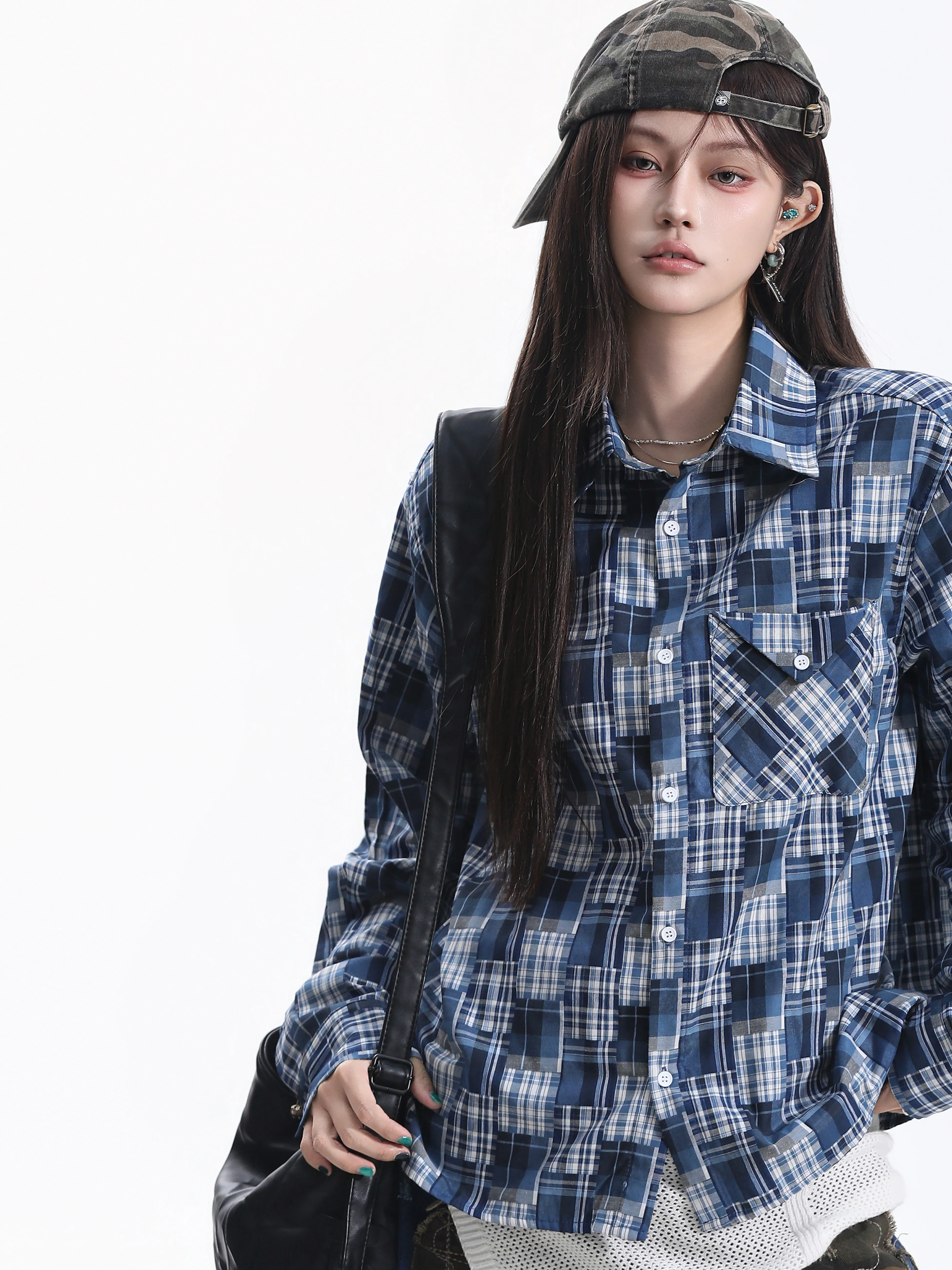 Loose American Style Plaid Shirt Coat Women's Block Splicing Long Sleeve Loose Couple Shirt Polyester Cotton Blend Summer