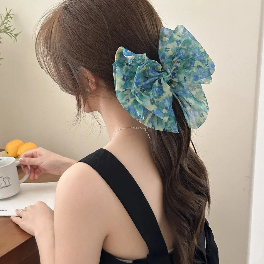 Floral Print Hair Claw Clip Bow Design Ponytail Volumizing Boho Style for Women High Density Daily Wear Cream