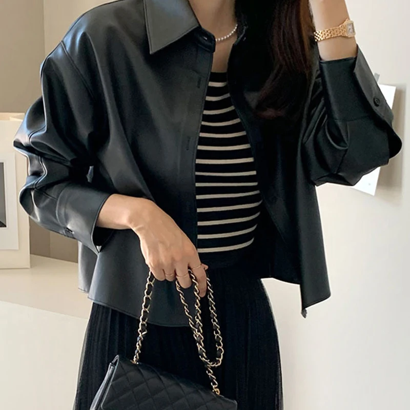 Chaqueta de cuero corta informal hoada con un solo botón y solapa de manga larga de estilo Vintage e para mujer, pre...