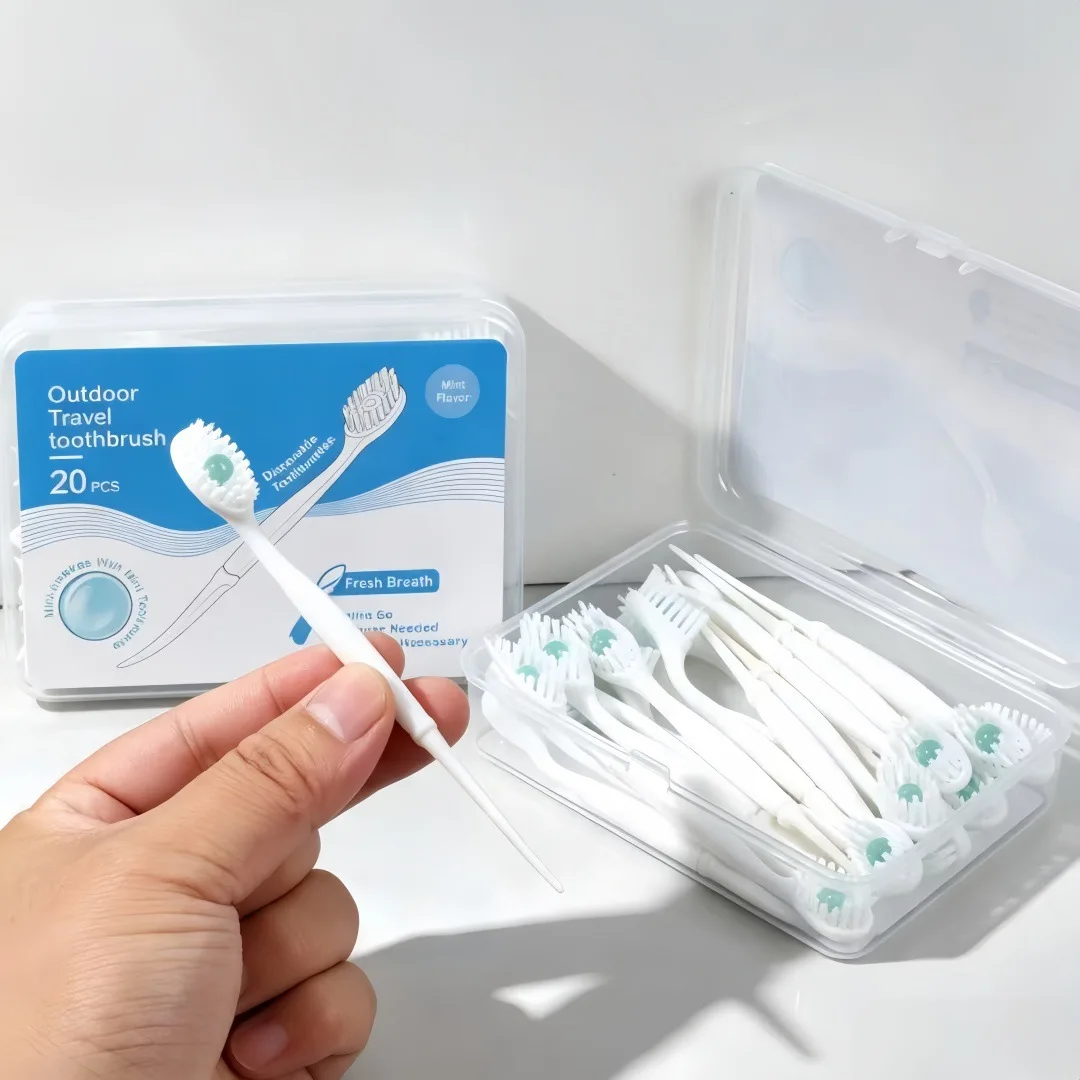 20PCs Mini Portable Disposable Travel Toothbrush 2-in-1 Exploded Bead Design Adult Oral Care Cleaning Toothbrush with Toothpick