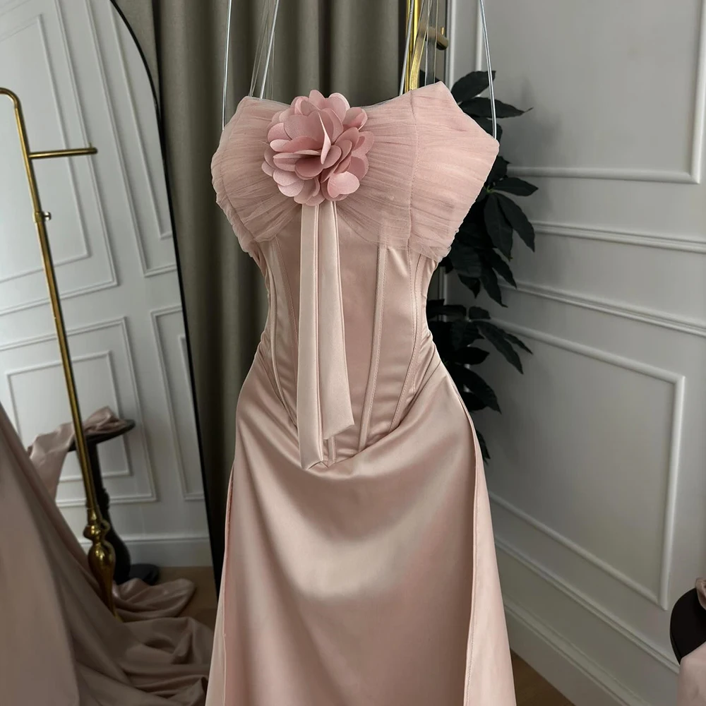 Trägerloses Abendkleid aus errötendem Satin für Damen, 3D-Blume, langer Handschuh, Schnürung am Rücken, Schleppe, luxuriöses formelles Kleid für Abschlussball, Hochzeitsgäste, Gala