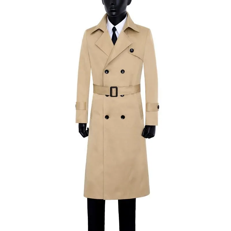 Korea Trench Coat Men Windbreaker Luxury High-end New Spring Autumn Double-breasted Over The Knee Long Overcoat Lapel Collar