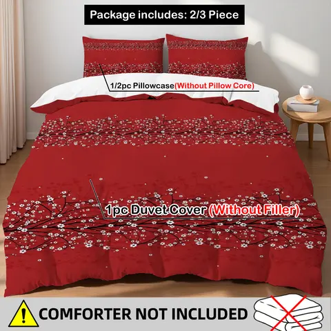 Elegant Floral Duvet Cover Set 3Pcs Red White Cherry Blossom Print Bedding 2 Pillowcases No Comforter No Sheet Bedroom Decor