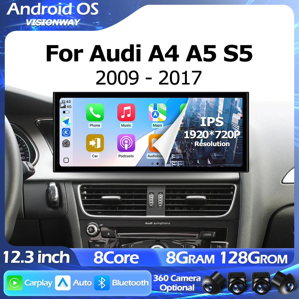 1920*720P Wireless CarPlay Android 15 12.3 inch For Audi A4 A5 S5 2009-2017 Lntelligent Multimedia Player GPS WIFI 4G Bluetooth