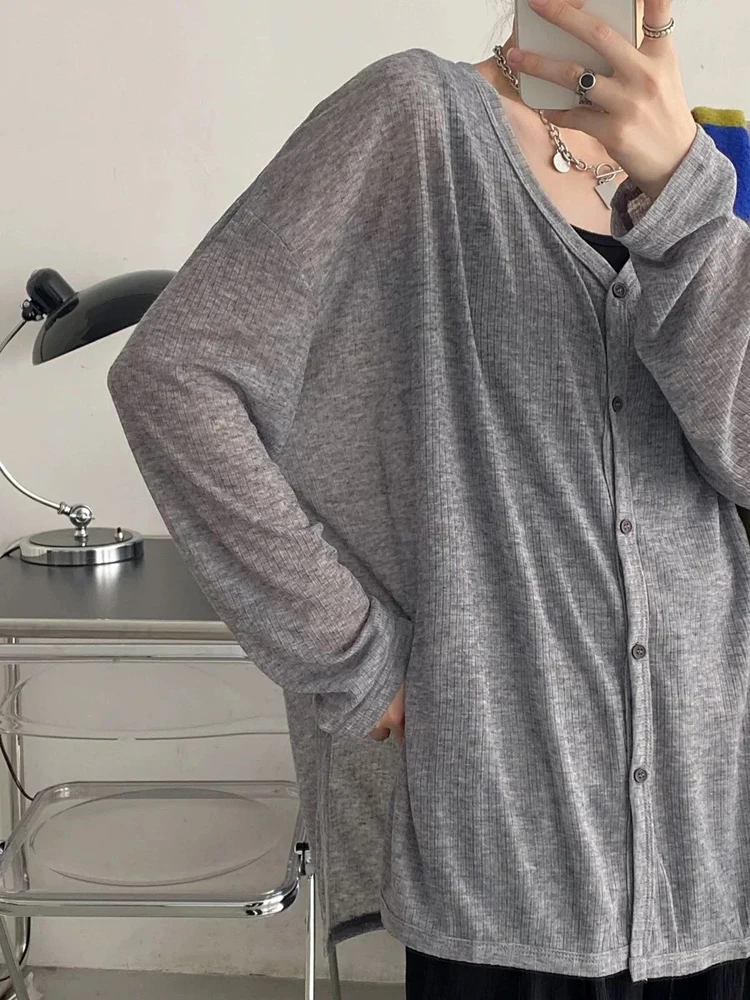 Spring Summer Lightweight Sunproof Cardigan Women Loose Waffle Texture V Neck Split Hem Long Sleeve Casual Layering Outer Tops