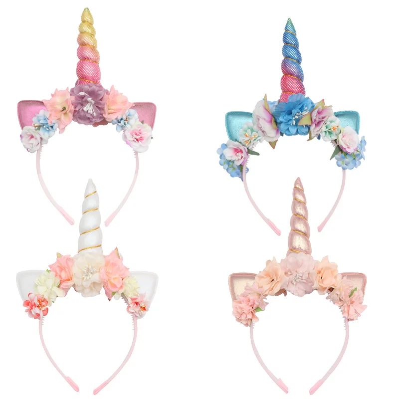 Diadema de flores de unicornio rosa, banda de pelo de caballo arcoíris, de feliz cumpleaños decoración de fiesta, suministros de fiesta de princesa,