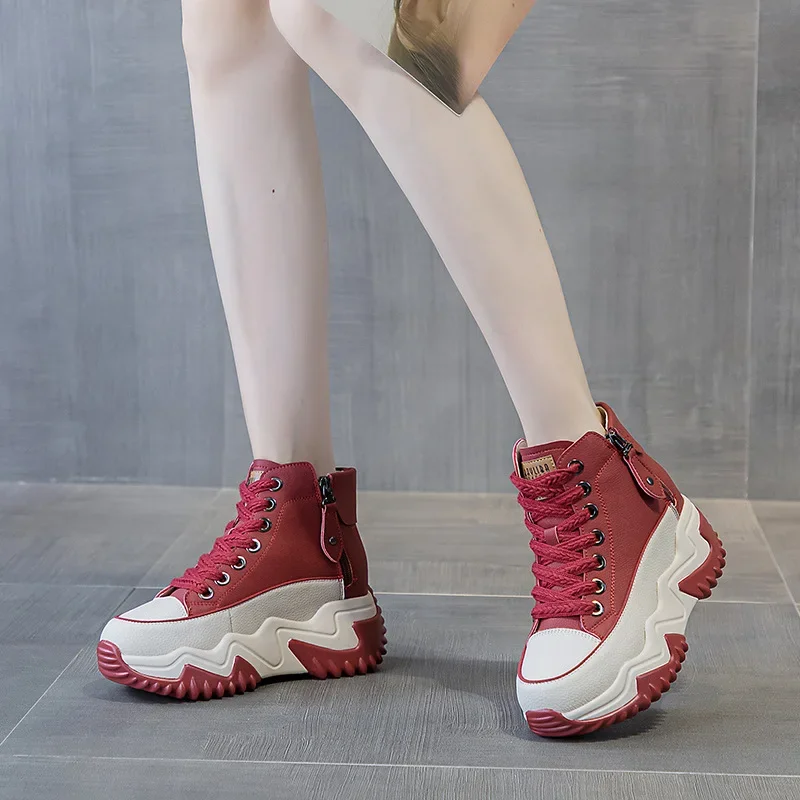 Buty damskie damskie buty sportowe 8CM wzrost skórzany białe buty jesienna platforma casualowe buty sportowe damskie buty do biegania damskie buty