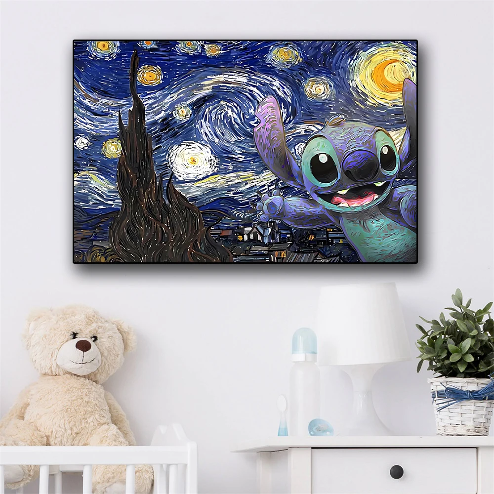 

MINISO Stitch Starry Night Van Gogh Poster Canvas Painting Disney Cartoon Wall Art Prints For Kids Bedroom nursery Decor