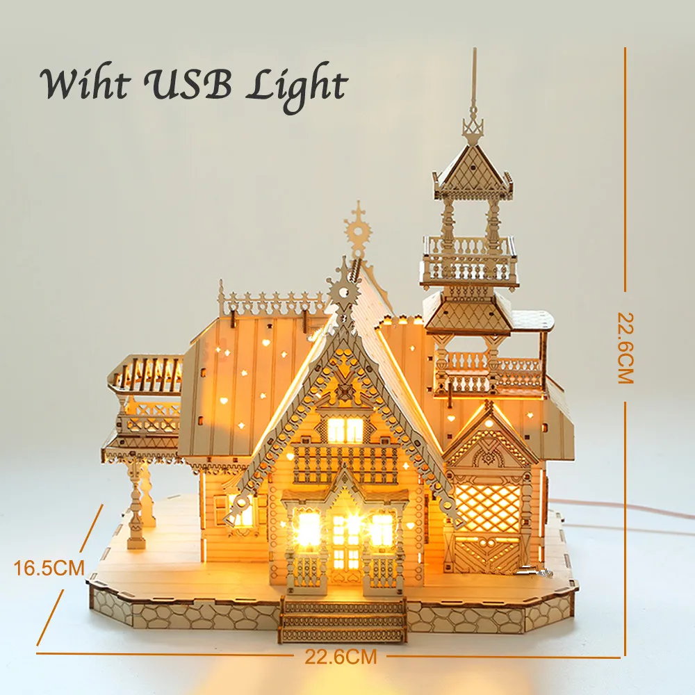 3d Wooden Puzzle House Models Villa House Royal Castle with Light DIY Assembly Toy for Kids Adults Model Kits Desk Gift