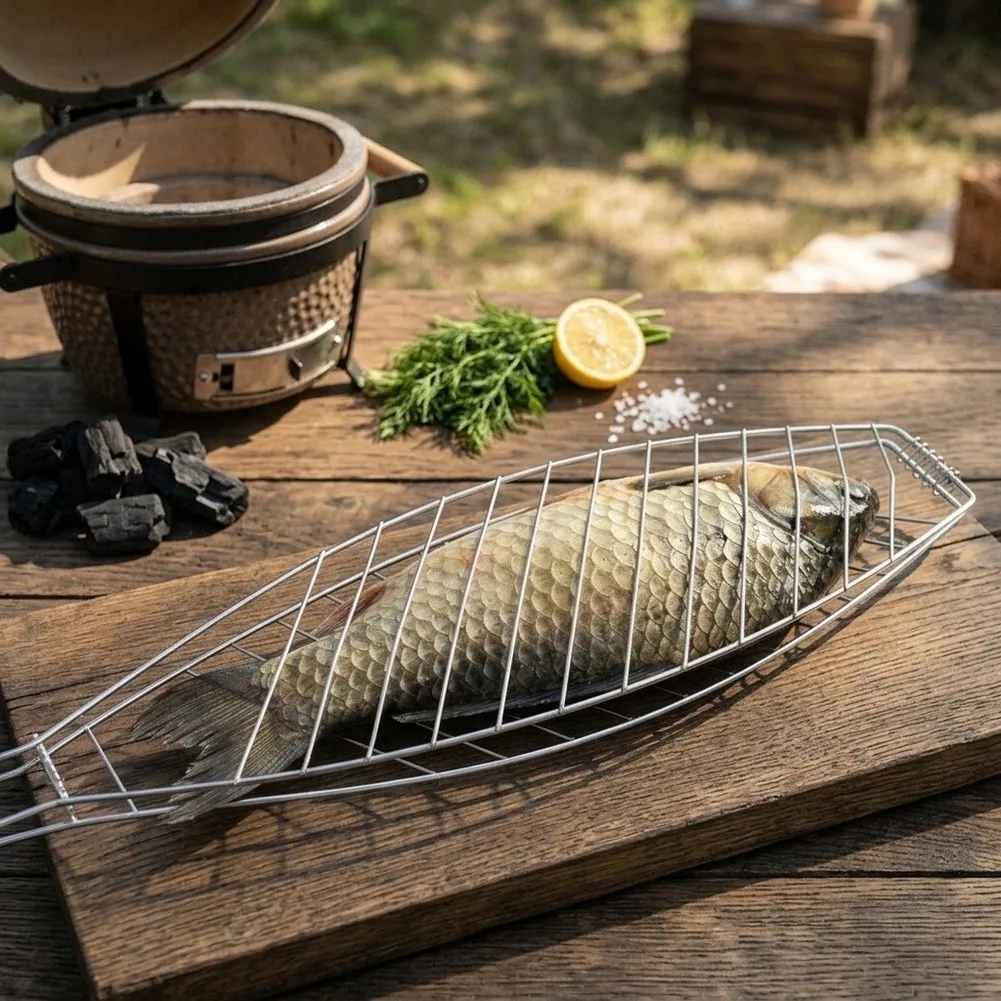 Sturdy Iron Grill Basket with Non-stick Coating and Wooden Handle Designed for Outdoor BBQ Camping and Picnic Cooking Activities