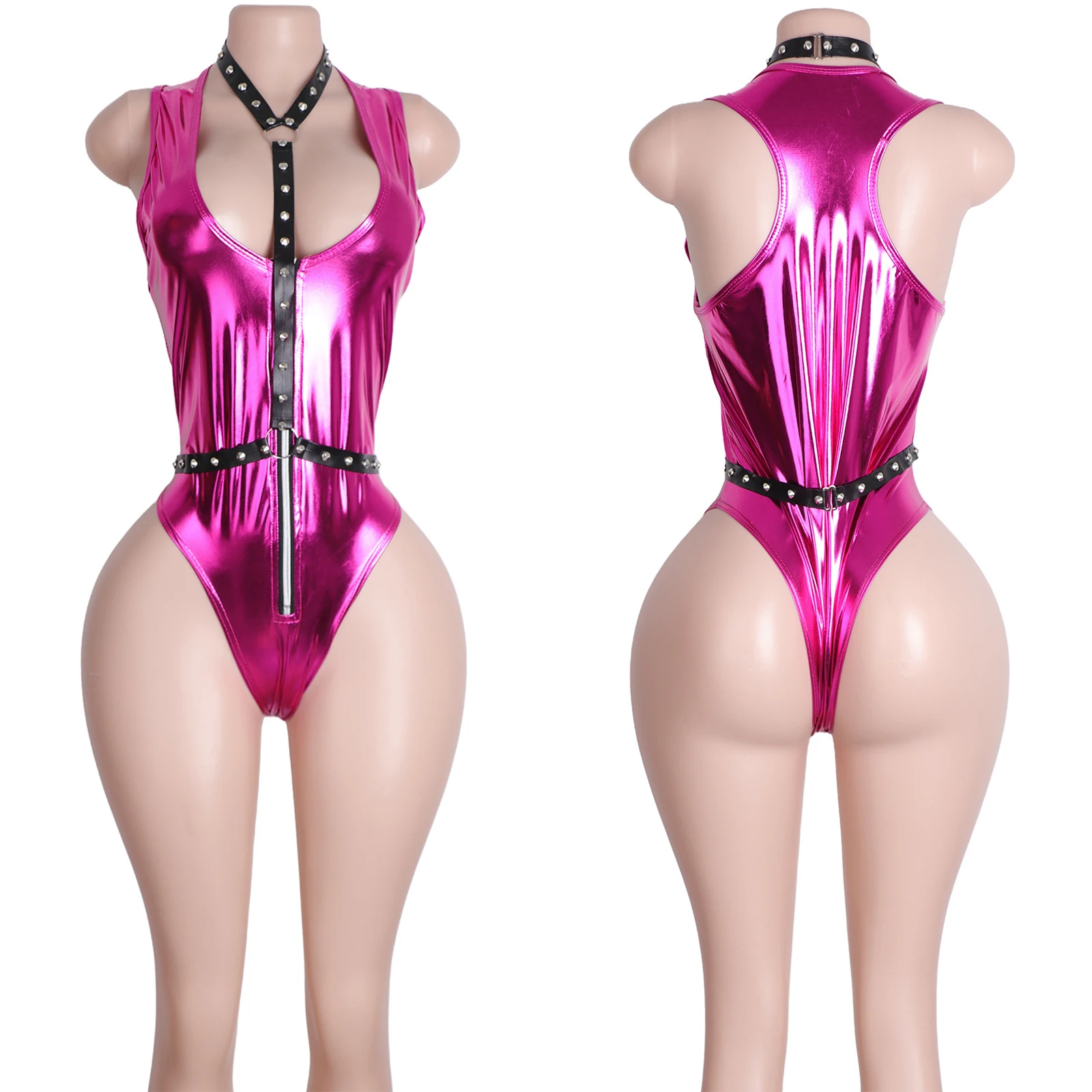 Zipper Belt Buckle Patent Leather Lingerie Thong Metal Sexy Bodysuit Clubwear Performance Wear Erotic Dancewear