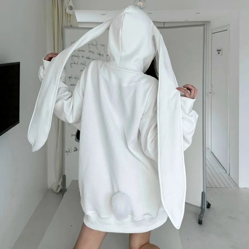 Bluza z kapturem na zamek, styl Y2K, modny królik, oversize, długi rękaw, kawaii króliczek z dużymi uszami, jesień 2025