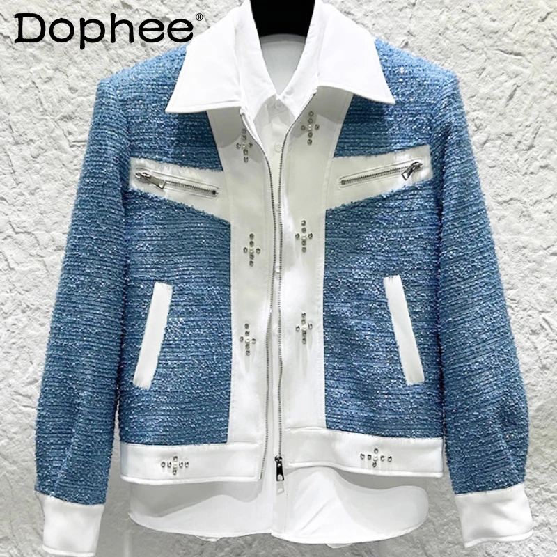 

Men's 2025 Autumn New Light Luxury Small Fragrant Jackets Diamond Sequin Design Coats Male Contrast Color Splicing Lapel Jackets