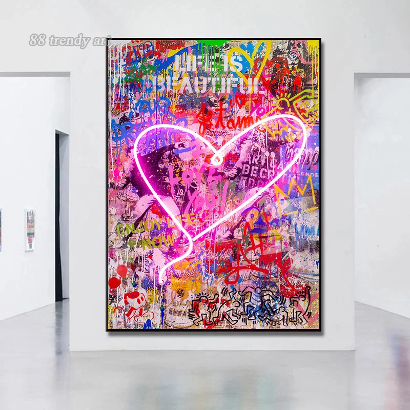 I Love You Graffiti Poster Neon Style Love Heart Pop Art Canvas Painting Abstract Street Wall Art Pictures Cuadros Home Decor