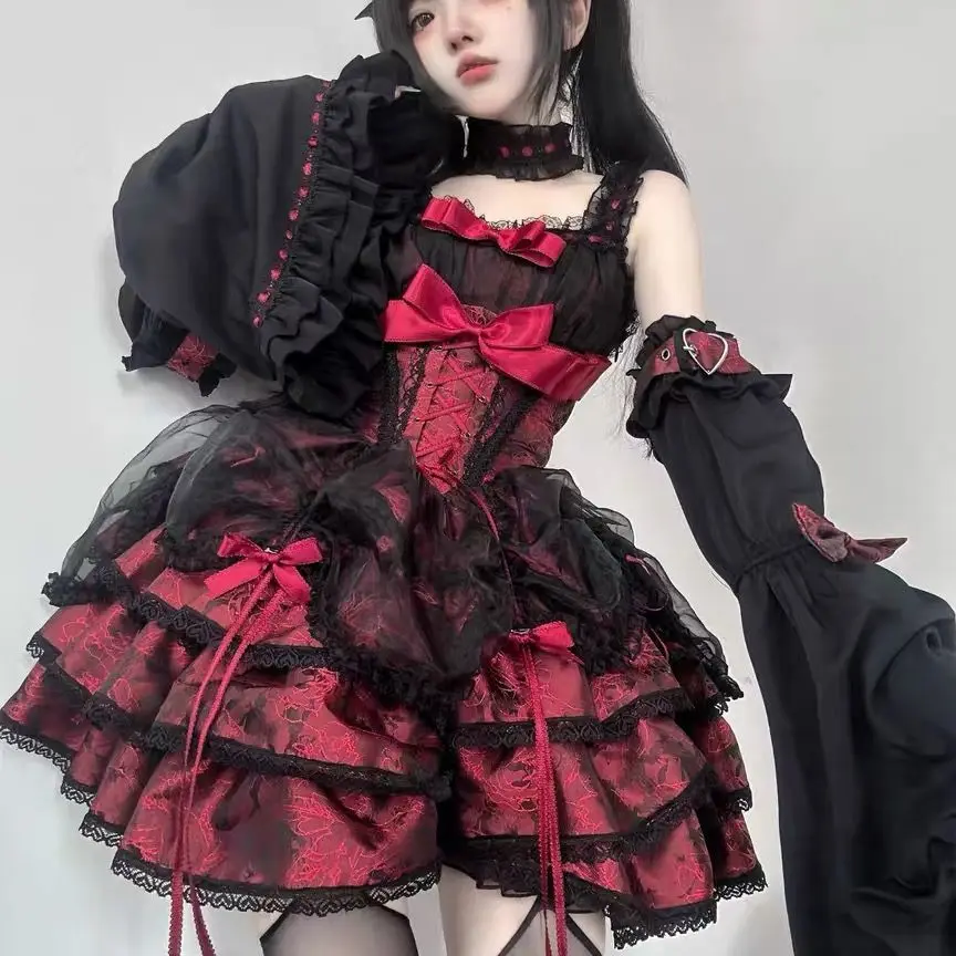 MAGOGO Gothic Lolita Y2k Dress Women Vintage Victorian Harajuku Bow Lace Bandage Party Dresses Spice Girls Sleeveless Vestidos