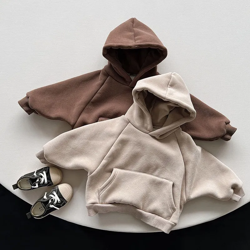 Baby Jungen Casual Lose Tasche Alle-spiel Mit Kapuze Top Mädchen Einfache Dicke Pullover Baumwolle Kleidung Winter Fleece Solide Hoodies