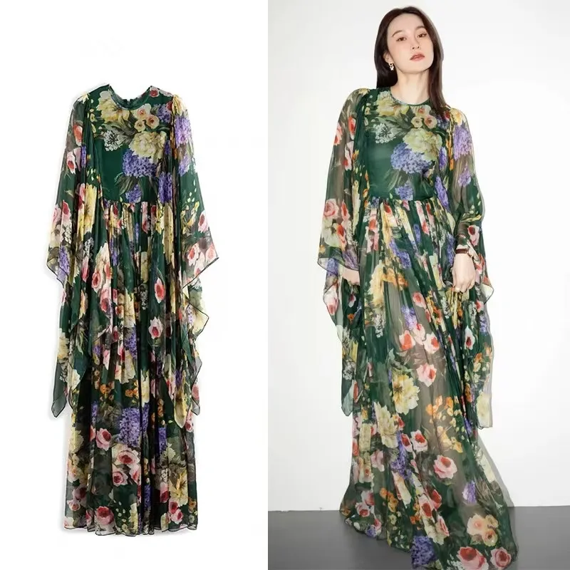 

New 2024 Vintage Palce Style Women Summer FLower Print Chiffon O Neck Flare Sleeve Boho Holiday Party Dresses