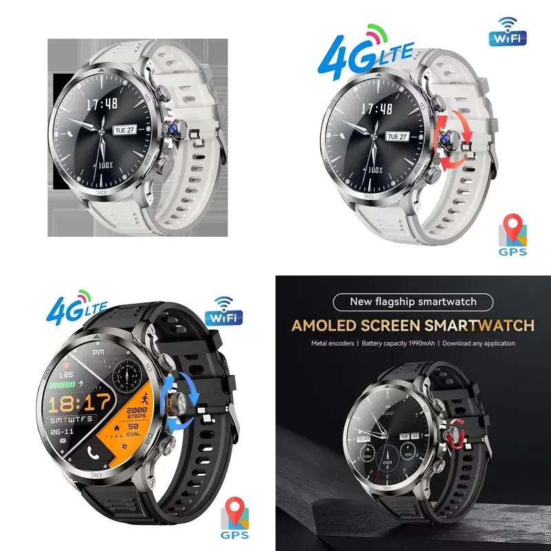 H19 4G/5G Smart Watch 1.95-inch AMOLED Display Rotating Camera Supports HD Video Call 3GB+32GB Card Sleep Tracker Email