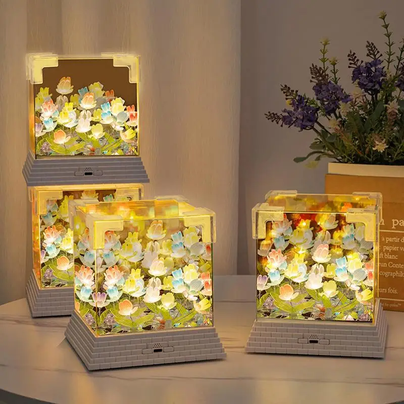 Lámpara de flores iluminada, lámpara de escritorio Floral, adornos, cubo, mesita de noche, luz decorativa de cristal LED, lámpara de ambiente nocturno creativa para