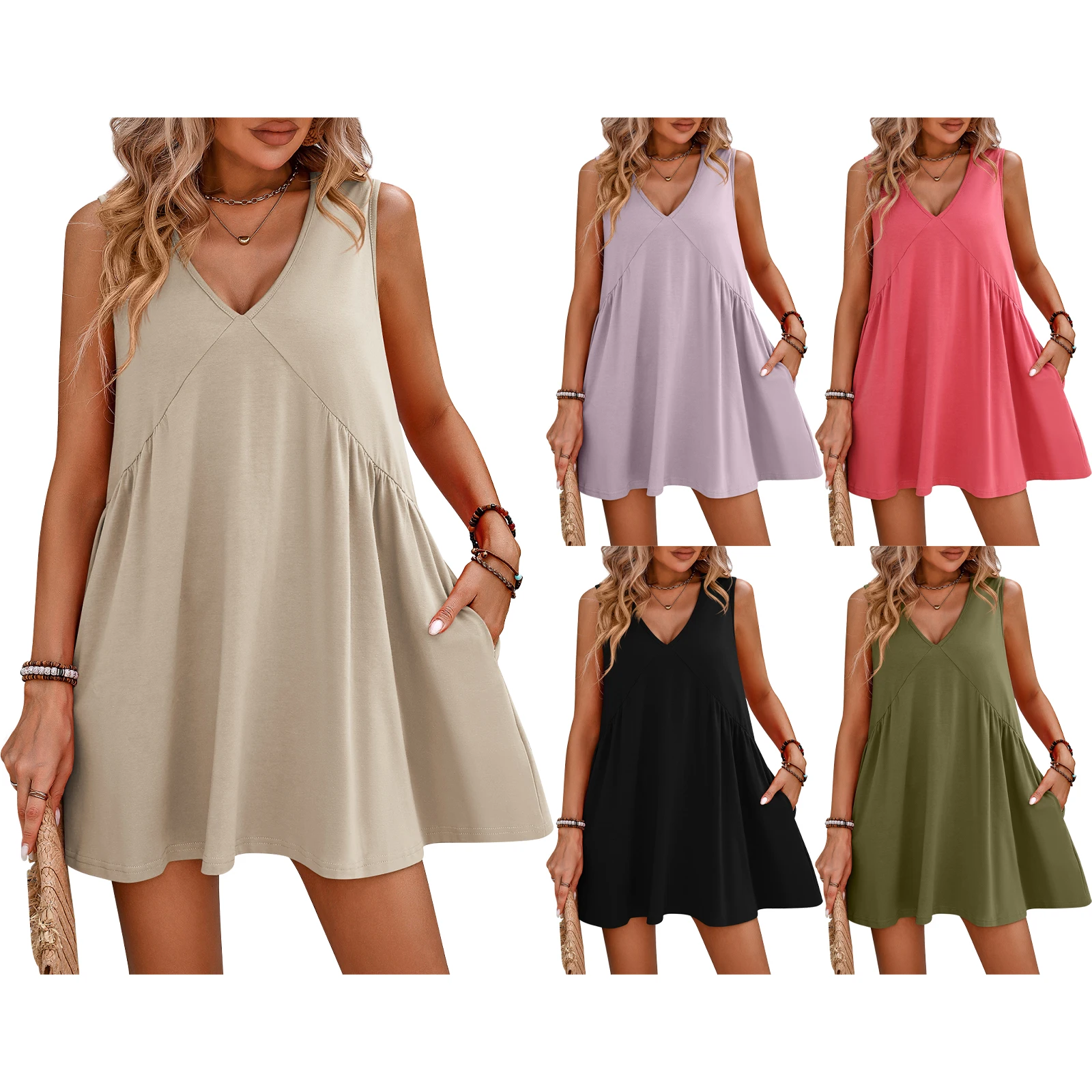 Women's Clothing Summer Trendy Vintage Elegant Mini Tank Dress Casual Sleeveless Solid Color V Neck A-line Dresses with Pocket